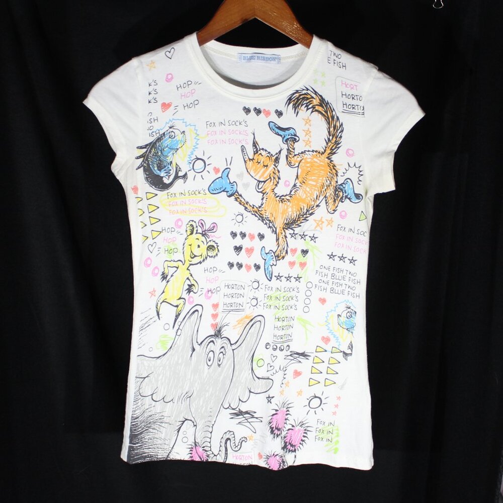 Mighty Fine Dr. Seuss All Over Front Print Character Girls Top Shirt  - Size S